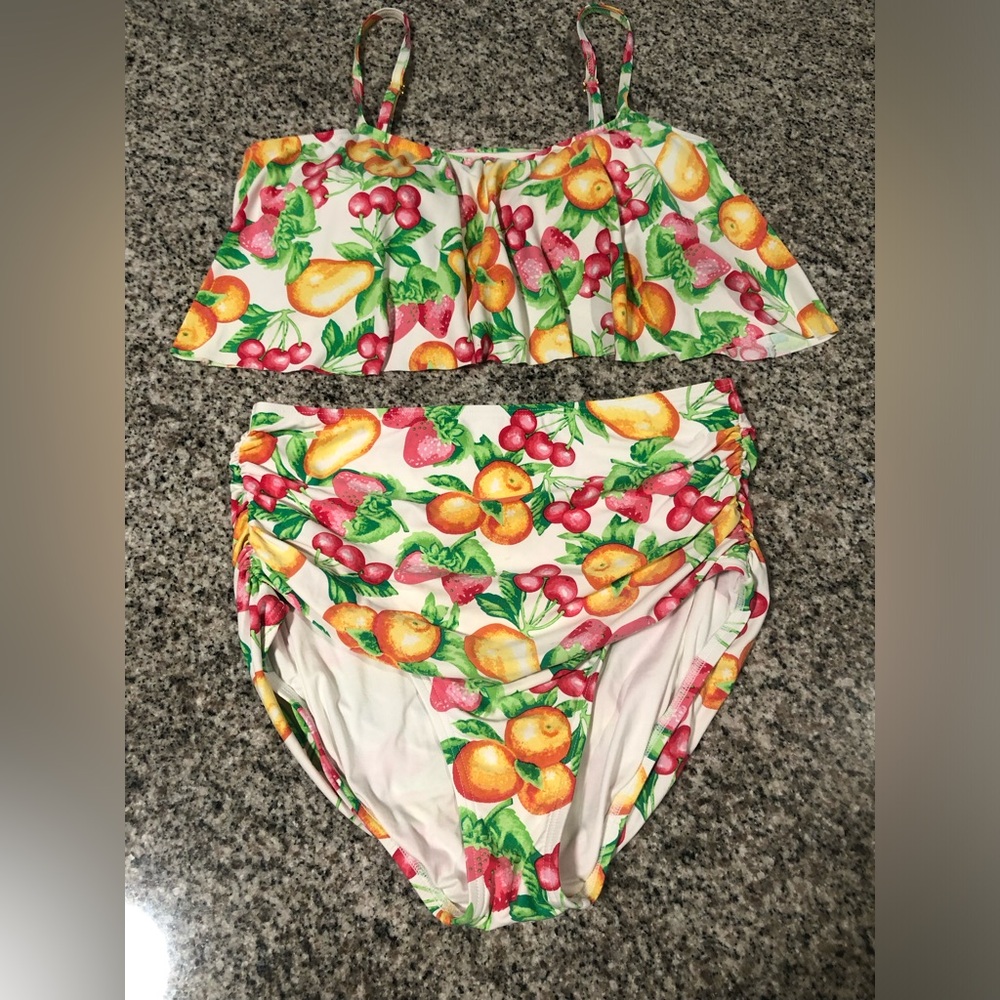Vintage Betsey Johnson Fruit Print 2 Pc Matching Set High Waist Rouch Size M